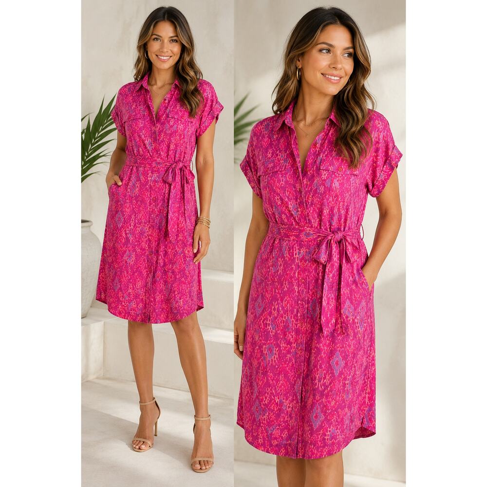 Lauren Ralph Lauren Geo Print Shantung Tie Waist Dress Fuchsia Multi Size 12